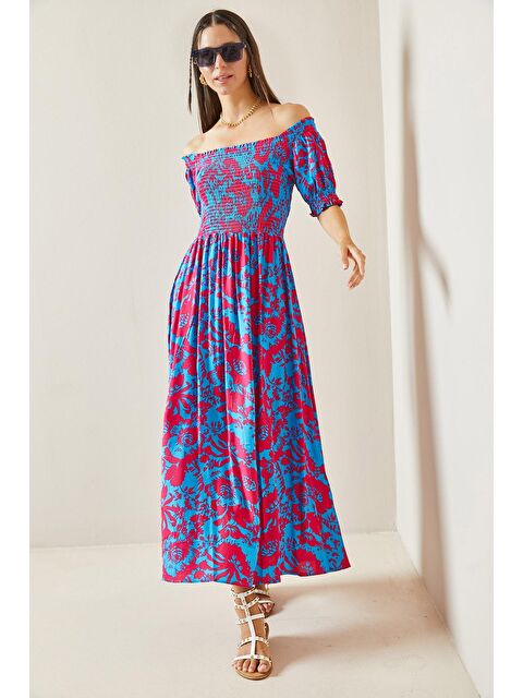 Xhan Bordo Gipe & Desenli Kayık Yaka Elbise 5YXK6-48858-05 - S000236653-19951