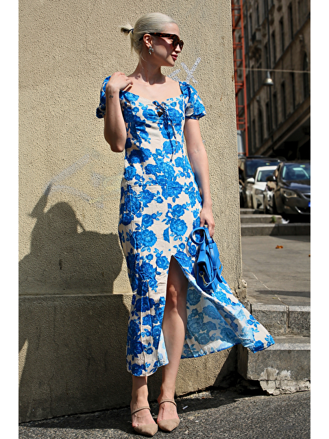 Madmext Mavi Desenli Yırtmaçlı Uzun Elbise Mg1864 - S000173433-17234