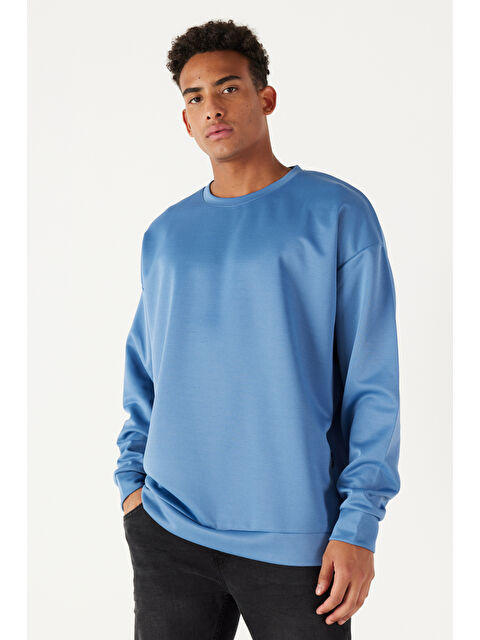 AC&Co / Altınyıldız Classics Erkek İndigo Oversize Bol Kesim Bisiklet Yaka Düz Sweatshirt - S000394591-23093