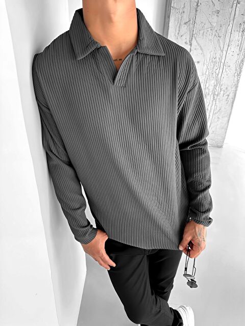 Abluka Online Erkek Rahat Kalıp Fitilli Polo V Yaka Uzun Kollu Sweatshirt Füme - S000279704-33408