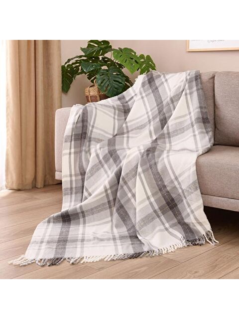 Evidea Soft Sim İp Detaylı Skoç Koltuk Şalı - Gri - 130x170 cm - S000378547-20600