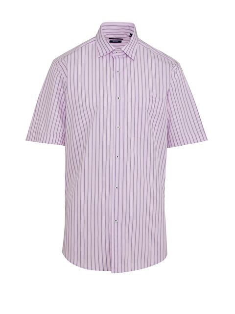 Hatemoğlu Pembe Klasik Fit  Çizgili 100% Pamuk Slim Yaka Kısa Kol Klasik Gömlek