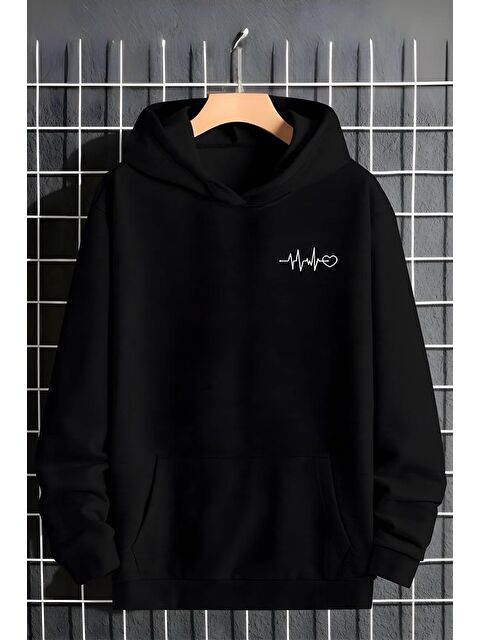 Oksit Kalp Ritim Baskılı Pamuklu  Erkek Hoodie - S000124706-19351