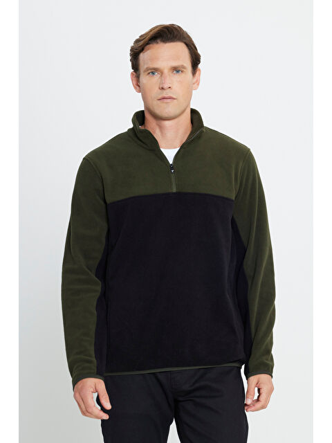 AC&Co / Altınyıldız Classics Erkek Haki-Siyah Standart Fit Dik Yaka İçi Polarlı Çift Renk Polar Sweatshirt - S000394663-37308