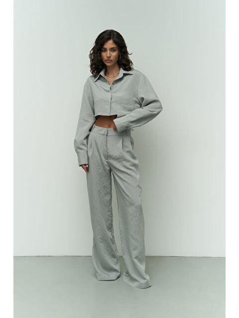 Mai Collection Valente Gri Crop Gömlek Pantolon Takım - S000277984-20600
