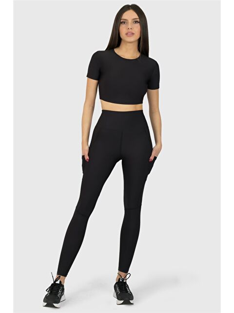 Superstacy Yüksek Bel Cepli Siyah Spor Tayt - S000227306-19351