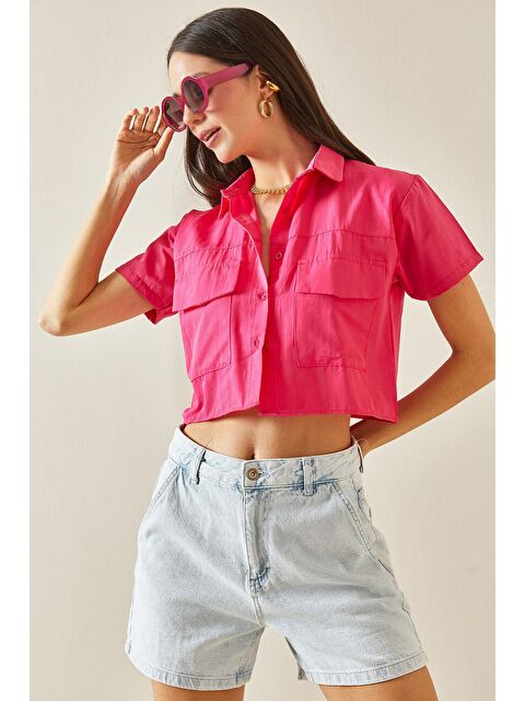 Xhan Pembe Çift Cepli Crop Gömlek 5YXK2-48572-20 - S000207181-20024
