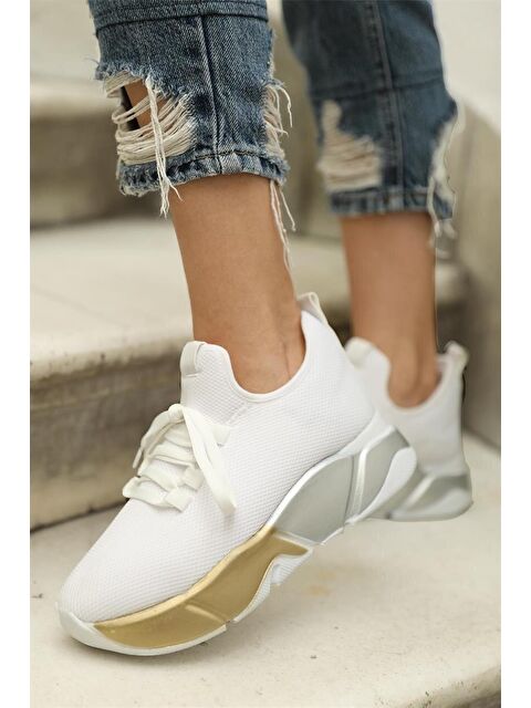 MADAMRA Beyaz-Platin Kadın Bağcık Detaylı Fileli Sneaker Ve Günlük Spor Ayakkabı - S000027167-20063