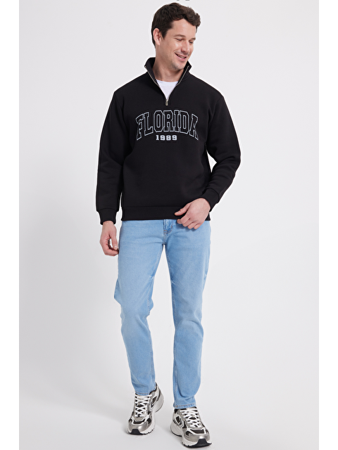 TUDORS Erkek Relax Fit Rahat Kesim Pamuklu Yarım Fermuarlı Baskılı Siyah Sweatshirt - S000519514-19351