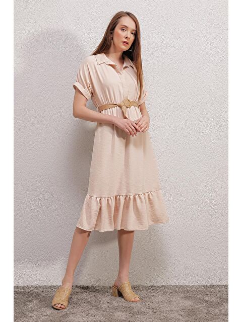 Bigdart 2292 Kemerli Elbise - Krem - S000130246-19966