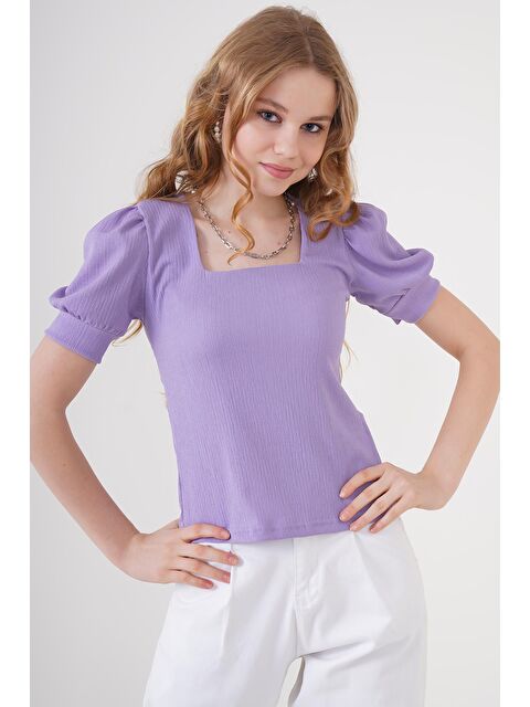Bigdart 0409 Kare Yaka Örme Bluz - Lila - S000089626-17878