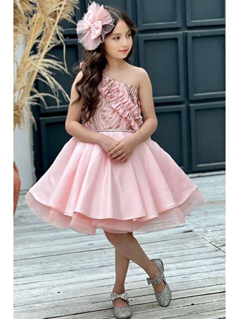 Riccotarz Kız Çocuk Tek Omuz Taş Detaylı Eteği Kabarık Pudra Abiye - S000138429-23490