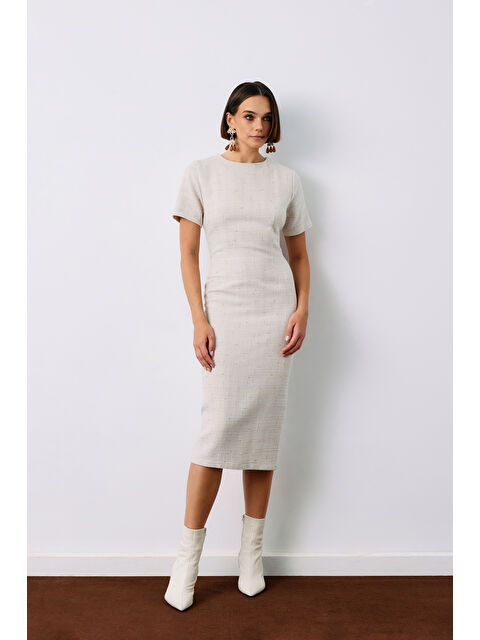 SATEEN Simli Kısa Kol Elbise - Bej - S000324168-19928