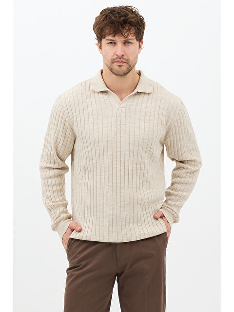 Tarz Cool Bej Erkek Polo Yaka Fitilli Triko Kazak - S000476095-19928