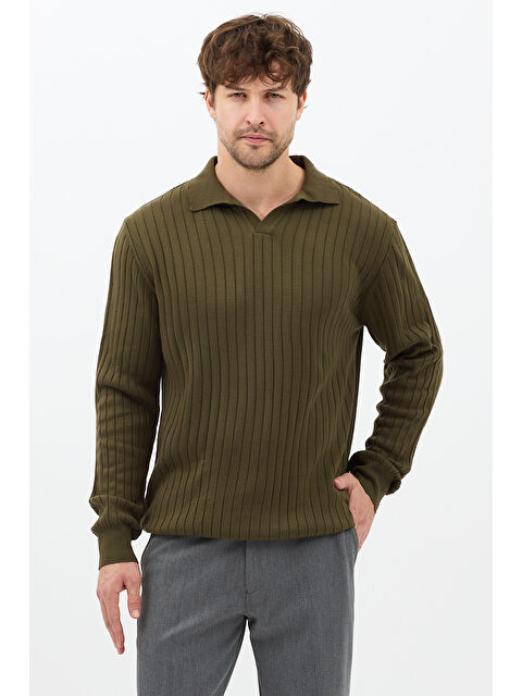 Tarz Cool Haki Erkek Polo Yaka Fitilli Triko Kazak - S000476095-18547