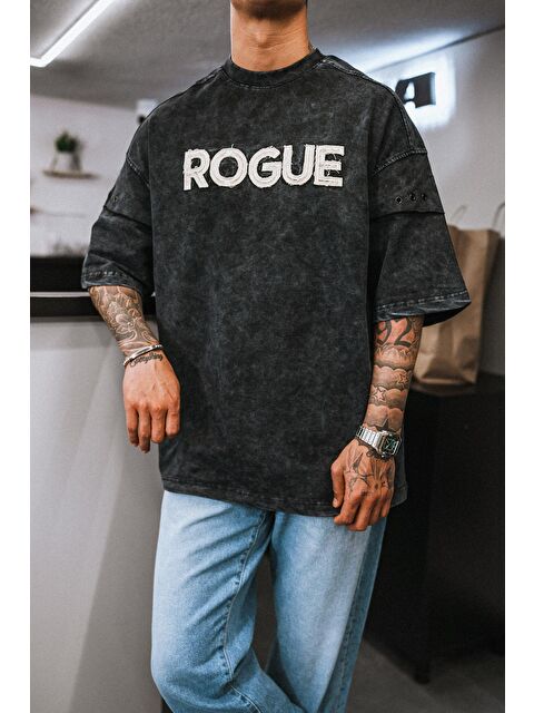 Abluka Online Erkek Yıkamalı Nakışlı Oversize Tişört Siyah - S000394687-19351