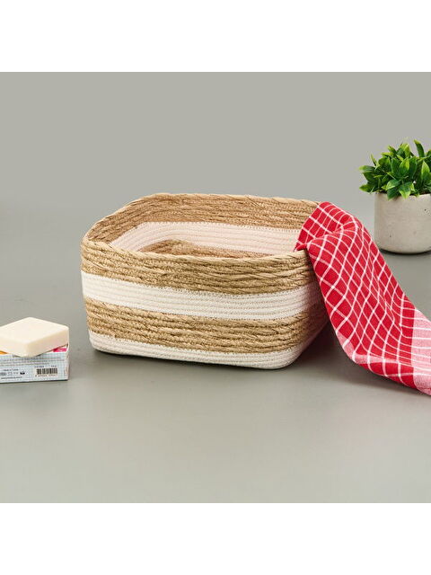 Evidea Living Boho Style Büyük Kağıt İp Sepet - Bej / Beyaz - 28x28x14 cm - S000378578-23173