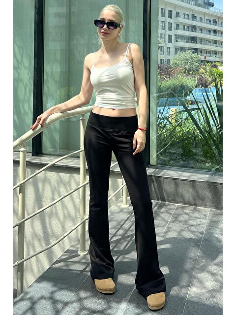 Madmext Siyah Beli Fitilli Yüksek Bel İspanyol Paça Pantolon Mg2096
