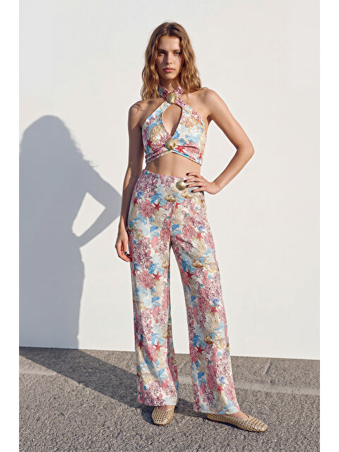 QUZU Çiçek Desenli Bol Paça Kruvaze Pantolon Pembe