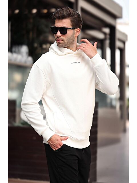 Madmext Ekru Kapüşonlu Cep Detaylı Nakışlı  Erkek Hoodie - S000240597-19965