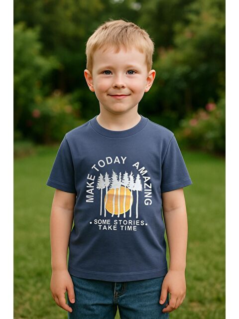 Luess Erkek Çocuk %100 Pamuklu Baskılı Kısa Kollu Tişört - İndigo (3-4 Yaş 8-9 Yaş) - S000527795-23093