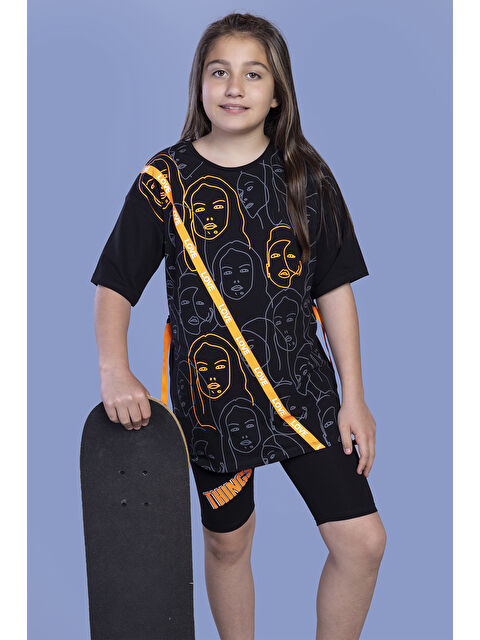 Toontoykids Kız Çocuk Komple Baskılı Şerit Detaylı Biker Taytlı Takım - S000418977-19351