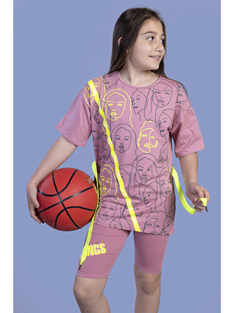 Toontoykids Kız Çocuk Komple Baskılı Şerit Detaylı Biker Taytlı Takım - S000418977-20028