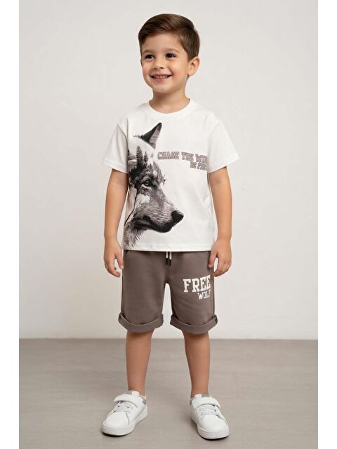 Riccotarz Erkek Çocuk Detaylı Üzeri Wolf Yazı Baskılı Gri Şortlu Takım