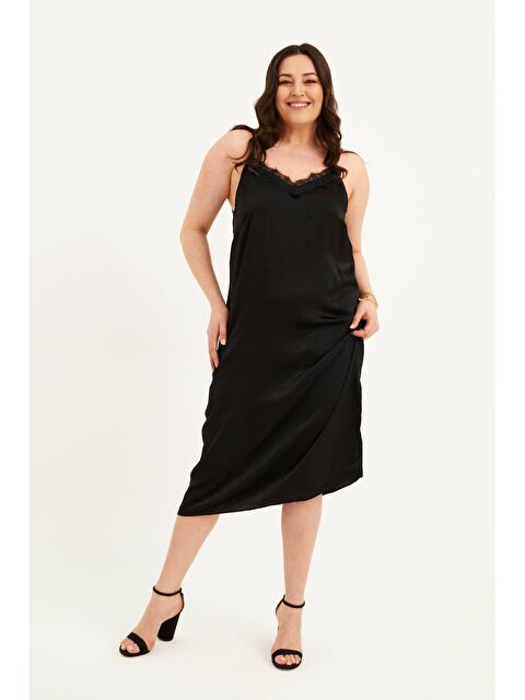 Mylinemoda Saten Dantelli Arkası Çapraz Midi Elbise - S000242517-19351