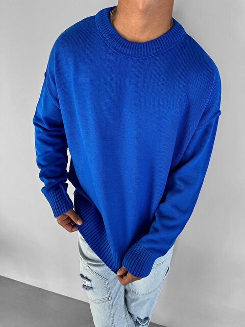Abluka Online Erkek Oversize Basic Yuvarlak Yaka Pamuklu Kazak Mavi - S000279721-17234