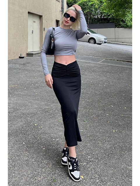 Madmext Siyah Önden Büzgülü Midi Etek Mg2084 - S000236655-19351