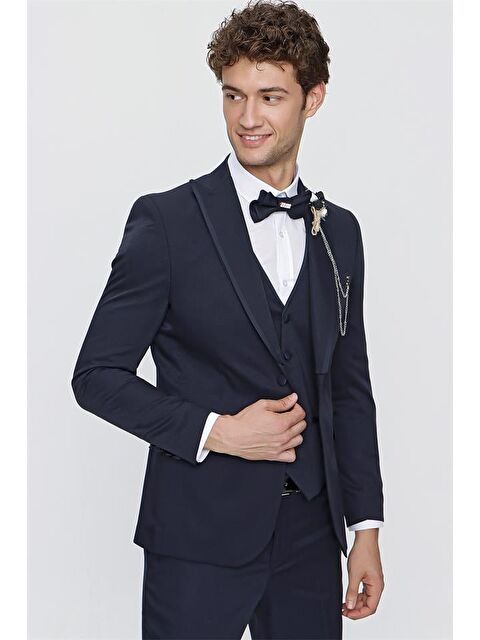İMZA Koyu Lacivert Armürlü Kırlangıç Yaka Astarlı Yelekli 6 Drop Slim Fit Smokin Damatlık 1001220203 - S000388056-29672