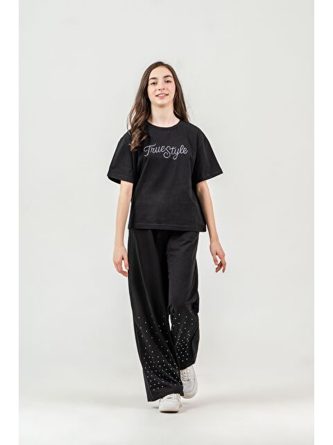 Mışıl Kids True Style Taş Baskılı Alt Çift Paça Taş Baskılı Kız Çocuk Alt Üst Eşofman Takımı - S000527798-19351