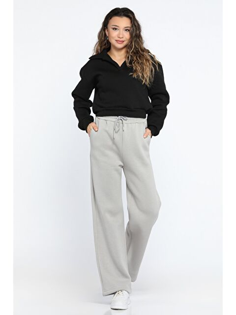 Gülseli Kadın Bel Bağcıklı Üç İplik Şardonlu Bol Paça Palazzo Alt Eşofman - S000300026-29351