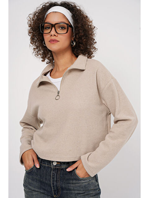 Bigdart 55449 Fermuarlı Yaka Örme Sweatshirt - Krem - S000291462-19966