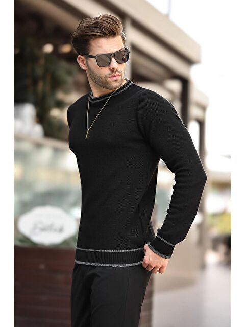 Madmext Siyah Bisiklet Yaka Şerit Detaylı Uzun Kollu Örme Kazak 7245 - S000240604-19351