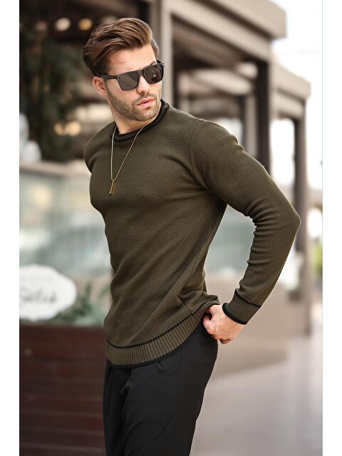 Madmext Haki Bisiklet Yaka Şerit Detaylı Uzun Kollu Örme Kazak 7245 - S000240604-18547