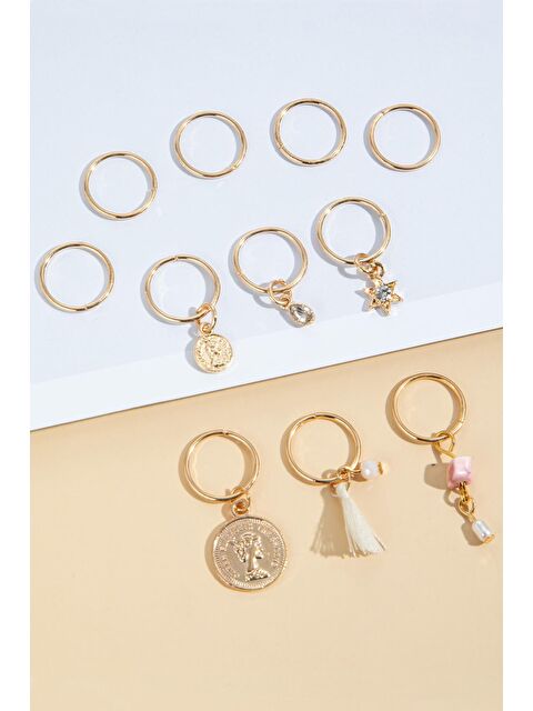 New Obsessions 11 Adet Halkalı Madalyon Sallantılı Saç Küpesi Seti - S000187124-20076