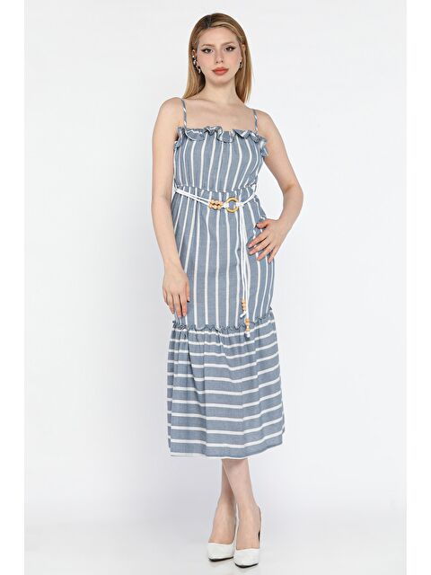 Gülseli Kadın Ayarlanabilir Askılı Fırfırlı Hasır Kemerli Çizgi Desenli Elbise - S000379909-17234