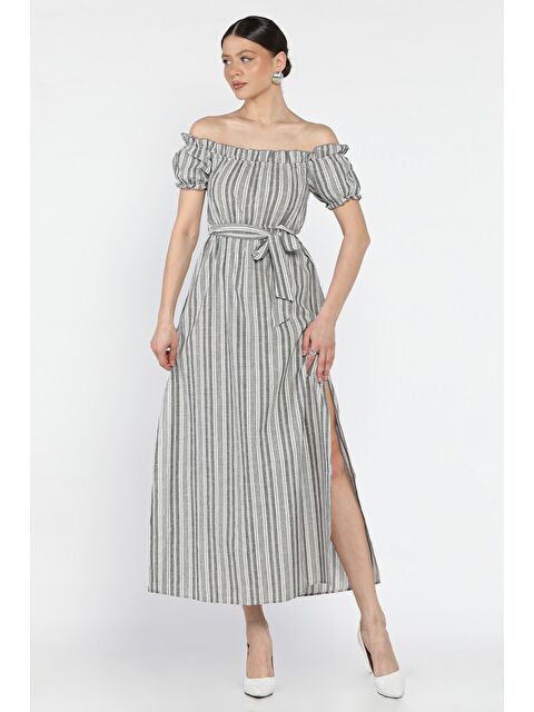 Gülseli Kadın Kol Ve Bel Lastikli Kuşak Detaylı Çizgi Desenli Çift Yırtmaçlı Elbise - S000379911-29351