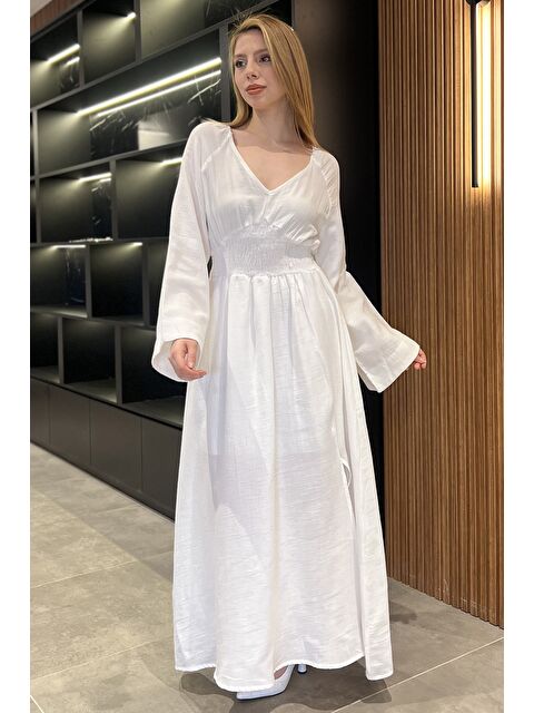 Gülseli Kadın Yırtmaçlı Bel Lastikli Keten Elbise - S000379916-20063