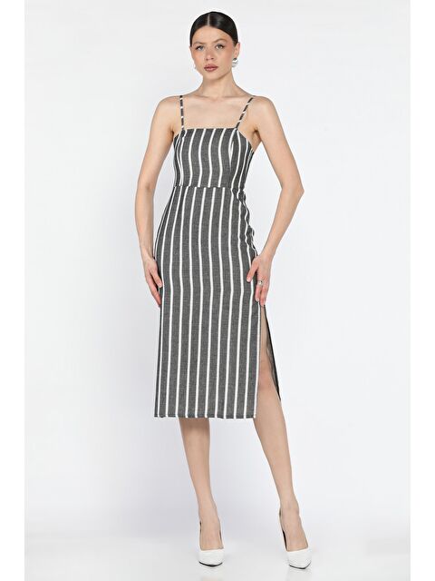 Gülseli Kadın Ayarlanabilir Askılı Çizgi Desenli Yırtmaç Detaylı Elbise - S000379910-29351