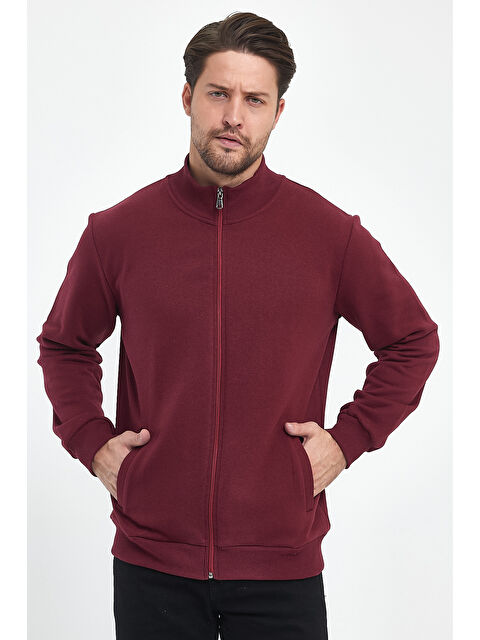 Mmetalic İçi Pamuklu  Dik Yaka Yan Cepli Bordo Erkek  Fermuarlı Büyük Beden Sweatshirt - S000234254-19951
