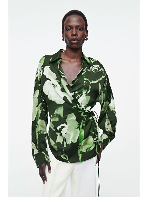 Xhan Yeşil Gömlek Yaka Desenli Kruvaze Bluz 5YXK2-48904-08 - S000264457-18194