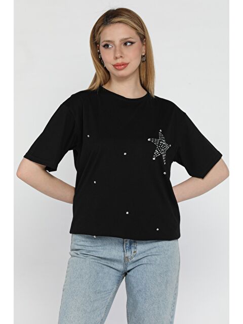 Gülseli Yıldız Taşlı Bisiklet Yaka Kadın Tişört - S000379925-19351