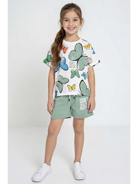 Riccotarz Kız Çocuk Üzeri Renkli Kelebek Baskılı Penye T-Shirt Yazı Baskılı Yeşil Şortlu Takım - S000527378-18194