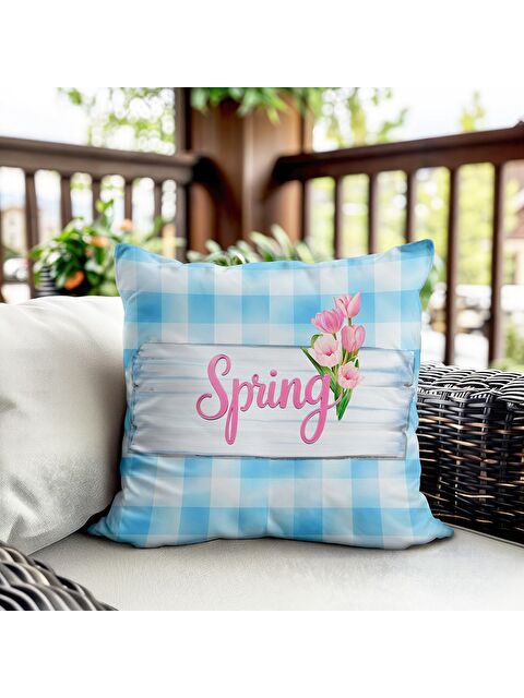 Evmila Bahar Temalı Kadife Kırlent Kılıfı 43x43 Cm Çift Taraf Baskı - S000372665-23173