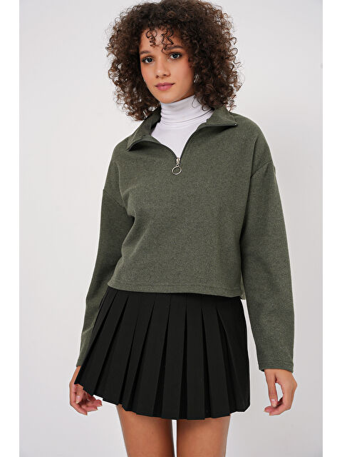 Bigdart 55449 Fermuarlı Yaka Örme Sweatshirt - Haki - S000291462-18547