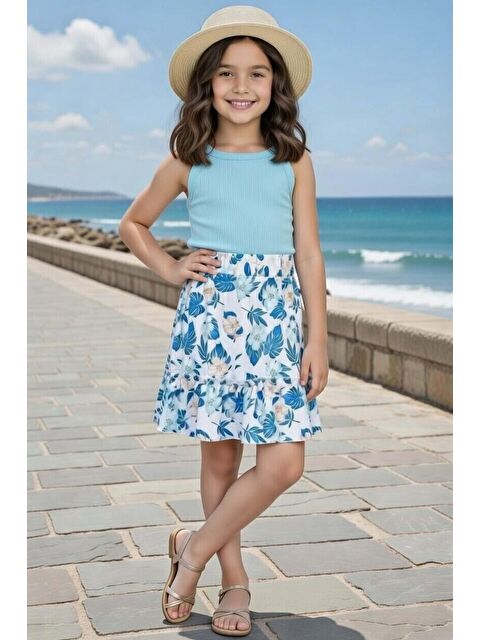 Riccotarz Kız Çocuk İp Askılı Kolsuz Kaşkorse Crop, Mavi Yaprak Baskılı Etekli Takım - S000527379-17234