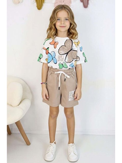 Riccotarz Kız Çocuk Üzeri Renkli Kelebek Baskılı Penye T-Shirt Yazı Baskılı Bej Şortlu Takım - S000527380-19928